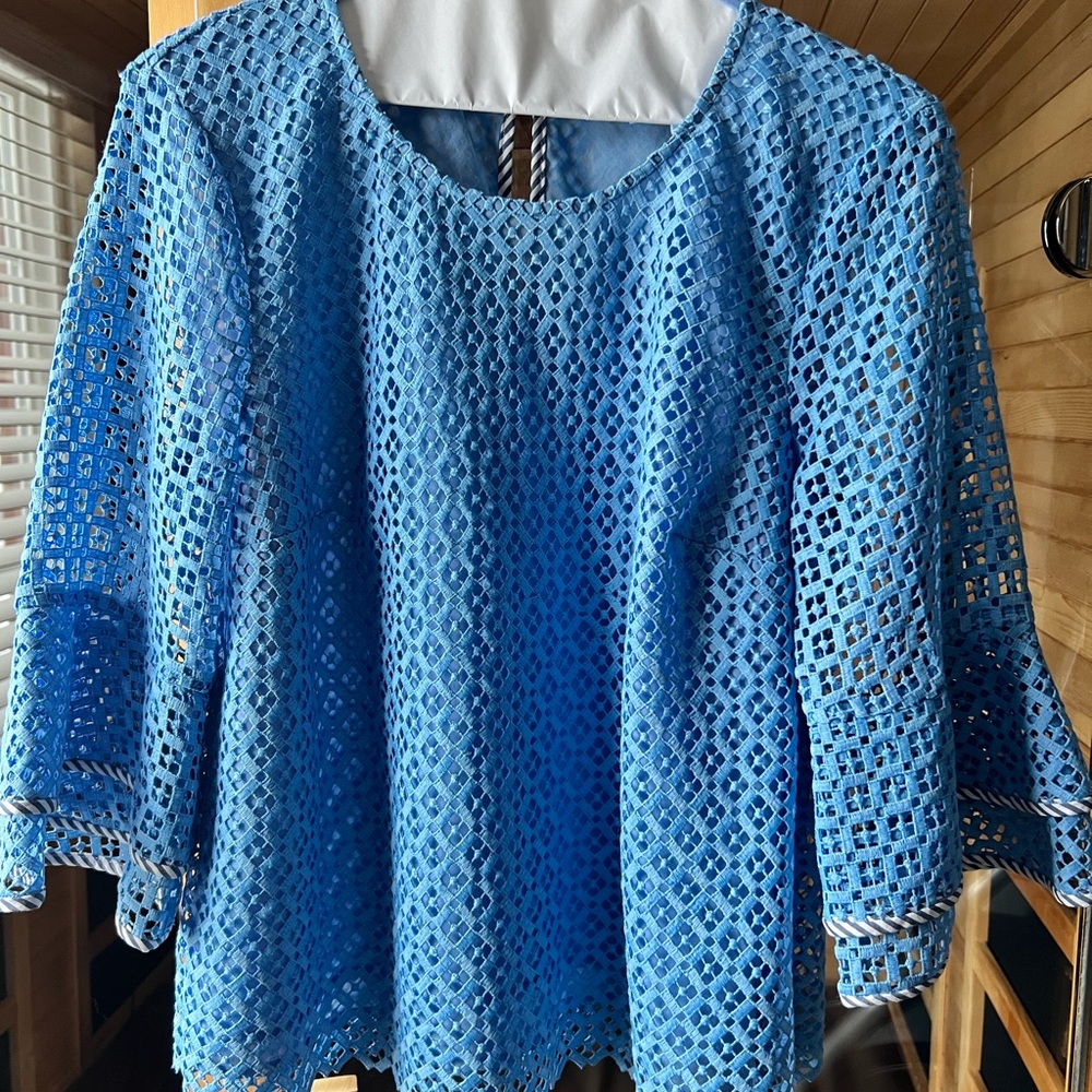 Draper James Blue Boxy Blouse with 3/4 Sleeves and Embellished Design